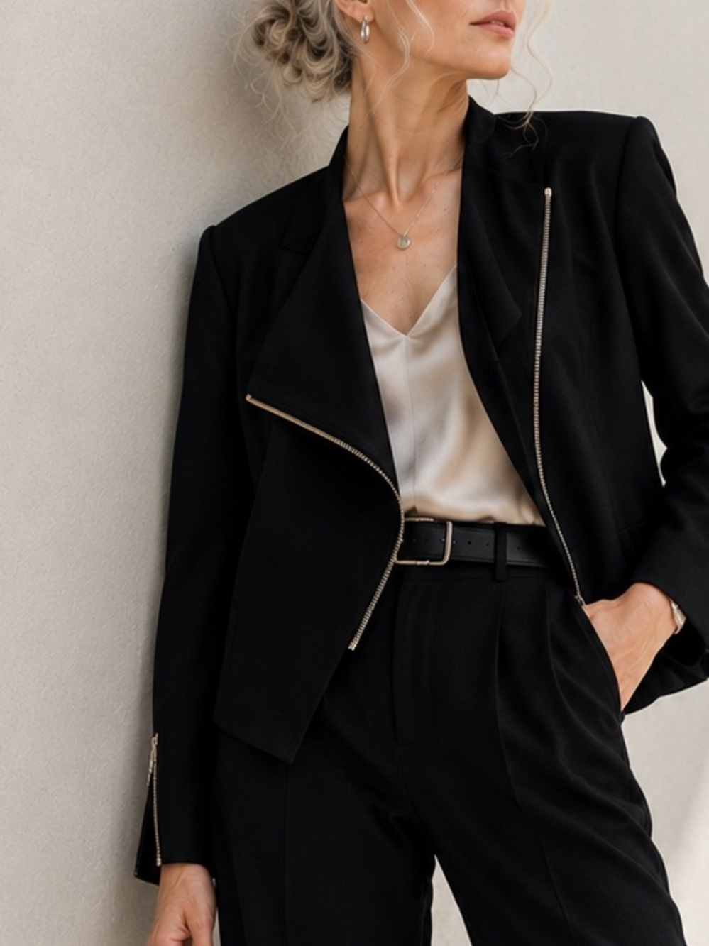 BH Jeans Beverly City Sleek Black Blazer Gold Zip Asymmetrical Jacket Sz M